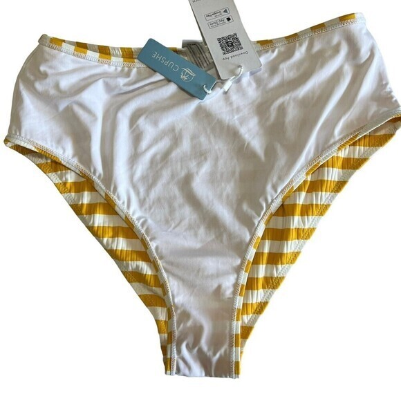 CUPSHE Swim Bottoms Size L Yellow and White Striped High Waisted Textured - Picture 5 of 14